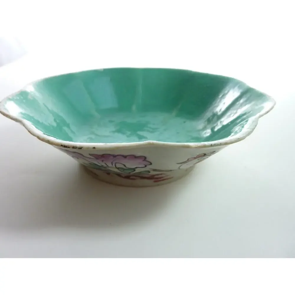 Vintage Chinese Ceramic Rooster Bowl Hand Painted Blue White Floral Footed